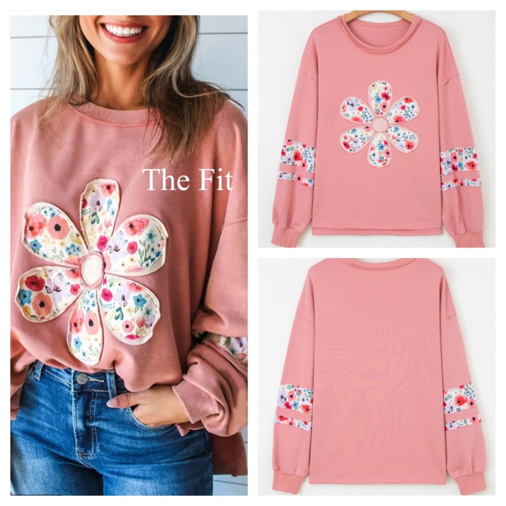 🌸 Pink Floral Daisy Sweatshirt – Boho Patchwork Pullover